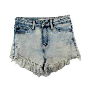Kancan Womens Denim Shorts Acid Wash Frayed Hem Distressed Blue Size M